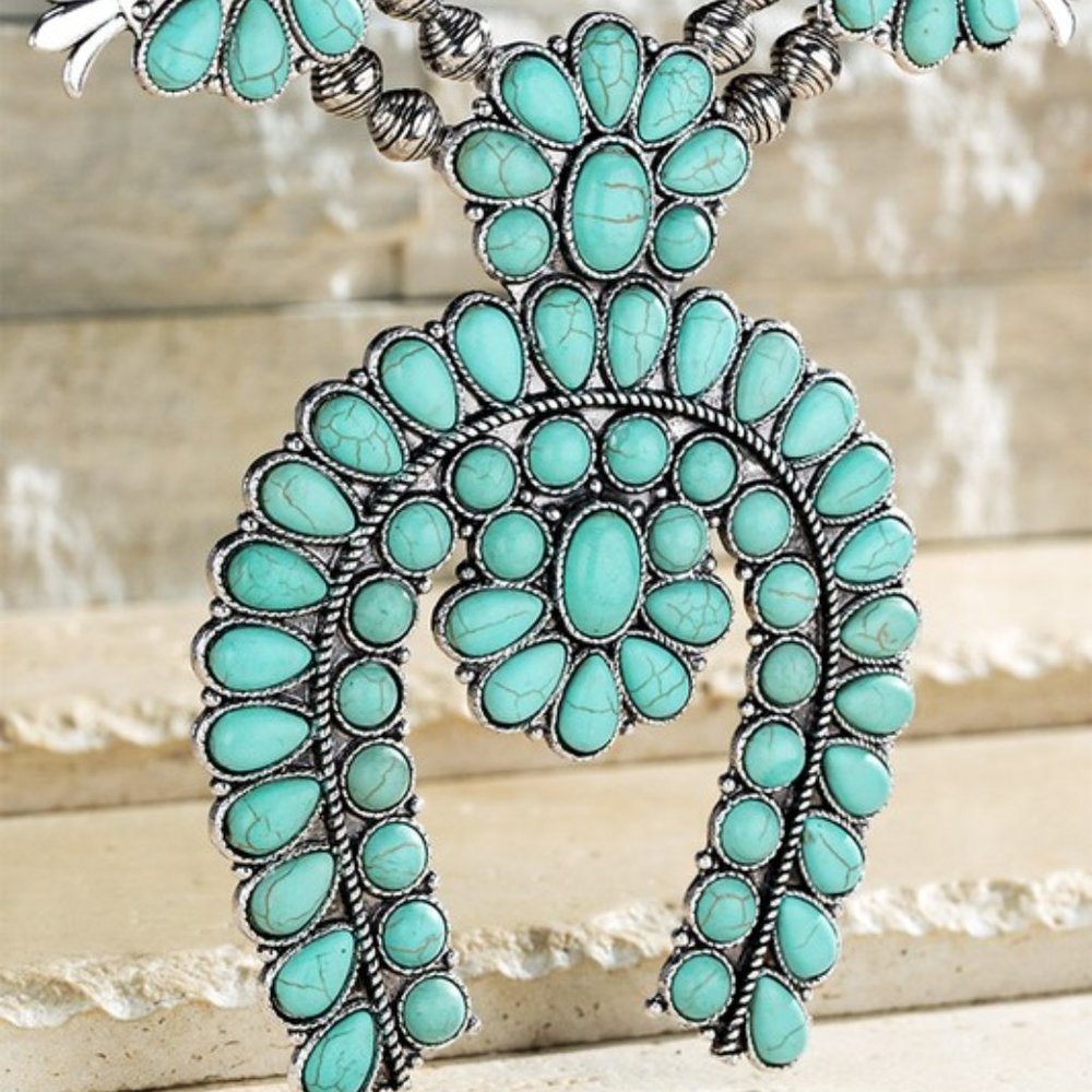 New Large Squash Blossom Natural Turquoise Stone Silver Western Necklace - Picture 4 of 5